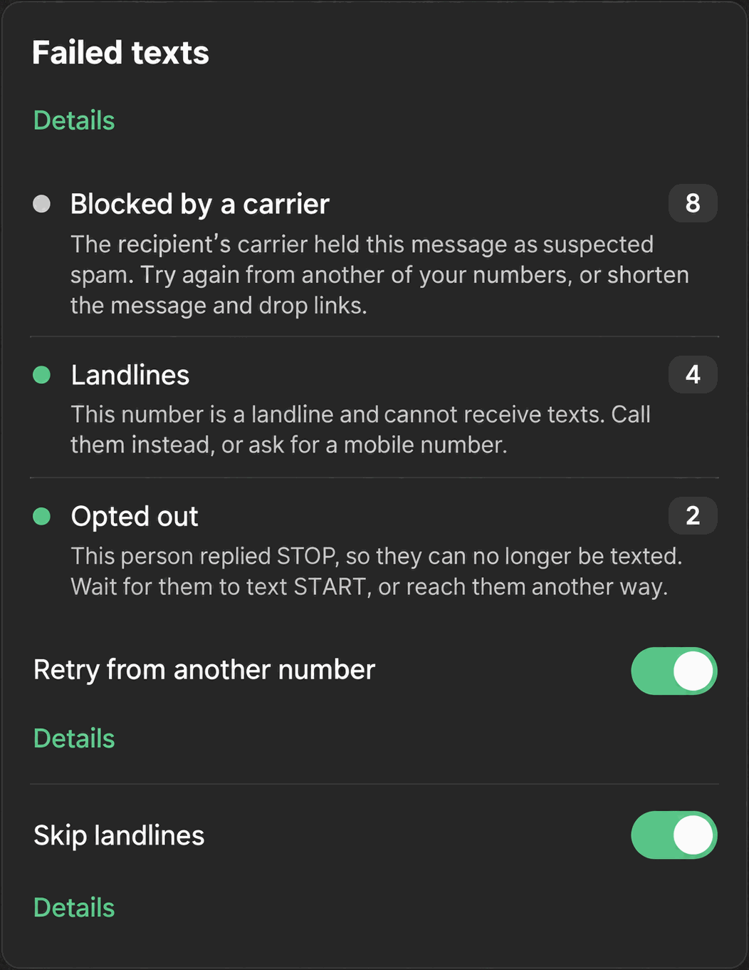 The Failed texts card in Phone Clover settings, listing recent failed messages with their reason category.