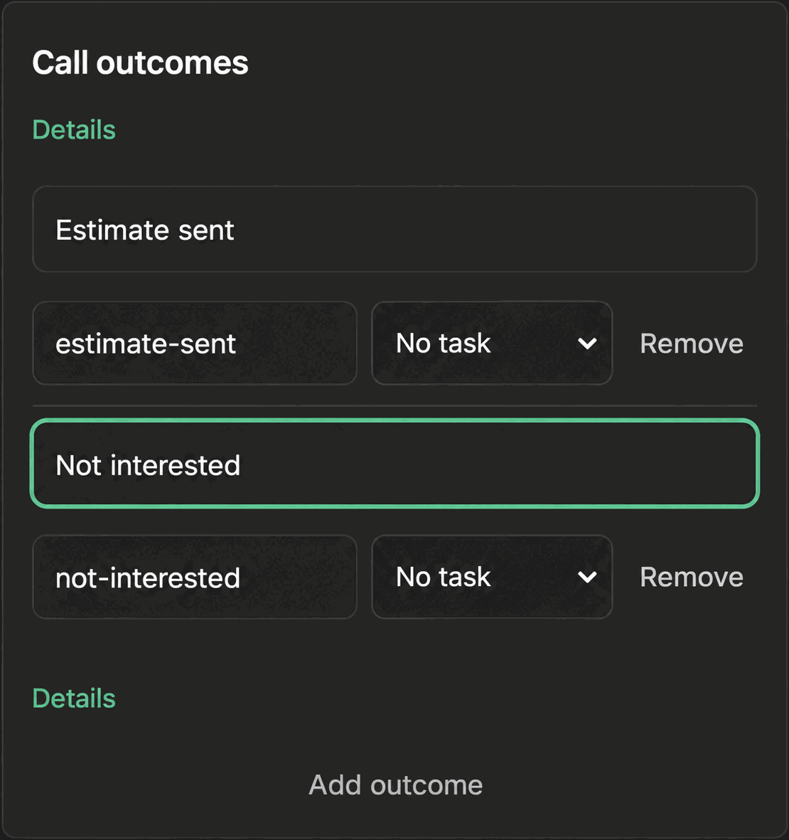 The custom outcomes editor in Phone Clover settings, showing a name, tag and follow-up task field.