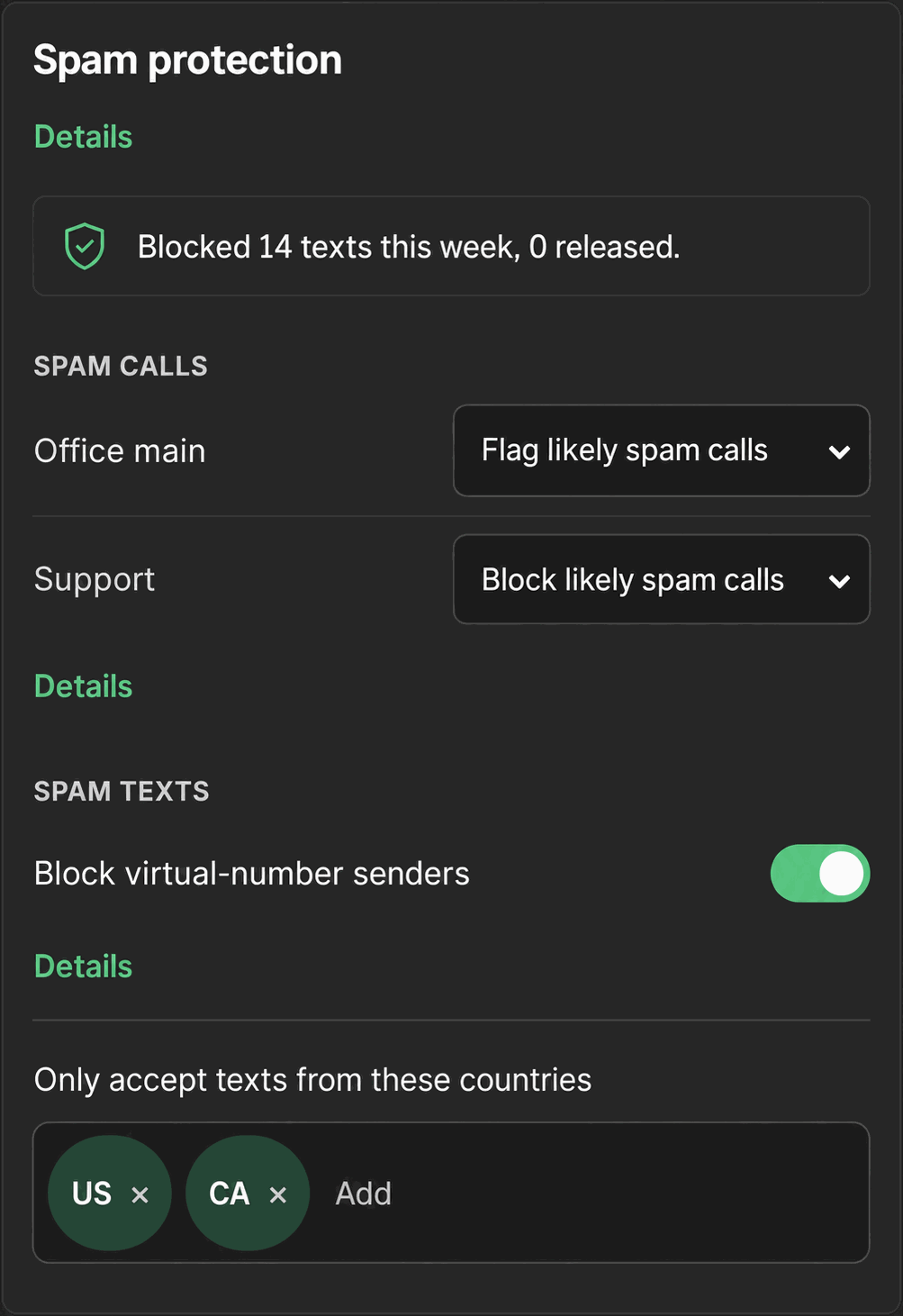 The Spam protection card in Phone Clover settings, showing the spam texts controls and quarantine list.